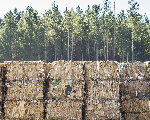 Stacks of paper bales with trees in the background