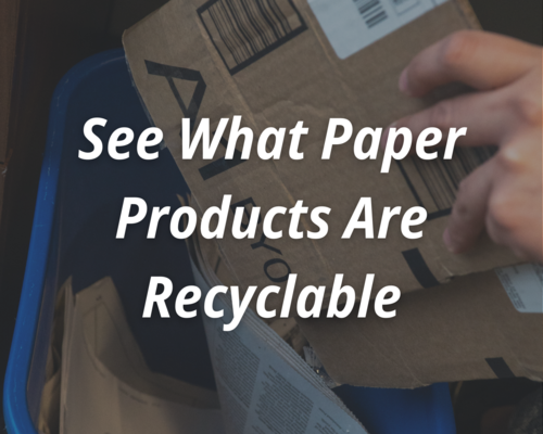 A person putting a cardboard box in a small recycling bin with a newspaper. The text says see what paper products are recyclable.