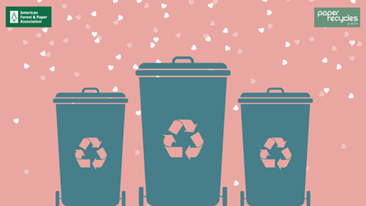 Three blue recycling roll-cart graphics with pink and white hearts floating around them.