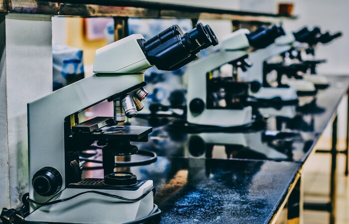 Microscopes lined up on a table