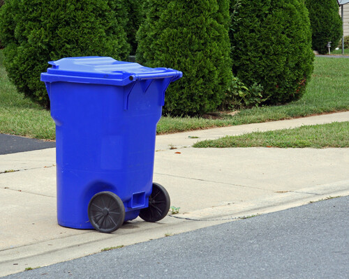 A blue recycling cart sitting at the curb.