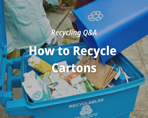 A person putting different types of recyclable cartons in a recycling bin.