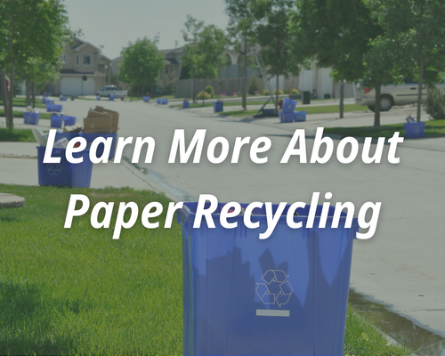 Recycling bins waiting at the curb in a residential neighborhood. The text reads, "Learn More About Paper Recycling"