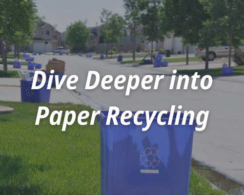 Recycling bins at the curb in a neighborhood. The text says dive deeper into paper recycling.