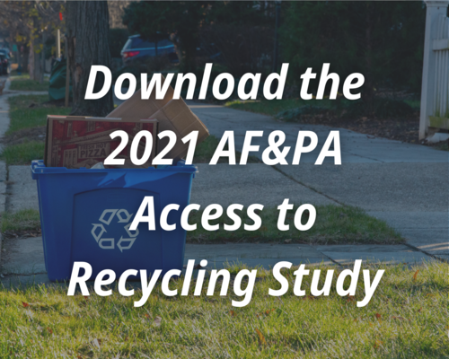 A pizza box and cardboard box in a recycling bin at the curb. The text says download the 2021 AF&PA Access to Recycling Study