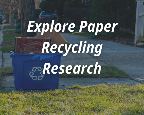 A cardboard box and pizza box in a recycling bin. The text says explore paper recycling research. 