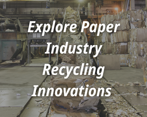 Cardboard bales going up a conveyor belt. The text reads explore paper industry recycling innovations.
