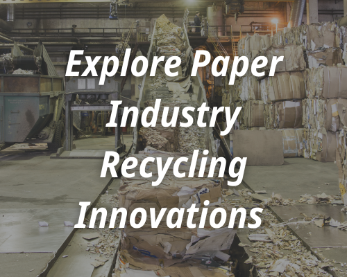 history the paper Cardboard bales going up a conveyor belt. The text reads explore paper industry recycling innovations.