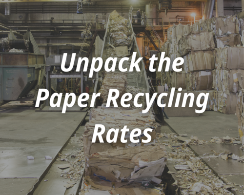 Cardboard and paper bales going up a conveyor belt. The text says unpack the paper recycling rates.