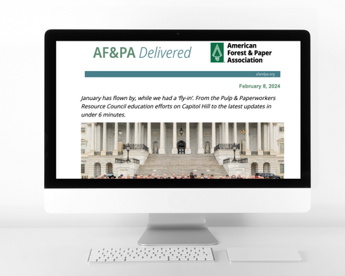 AF&PA's newsletter, AF&PA Delivered, mocked up on a desktop computer screen. 