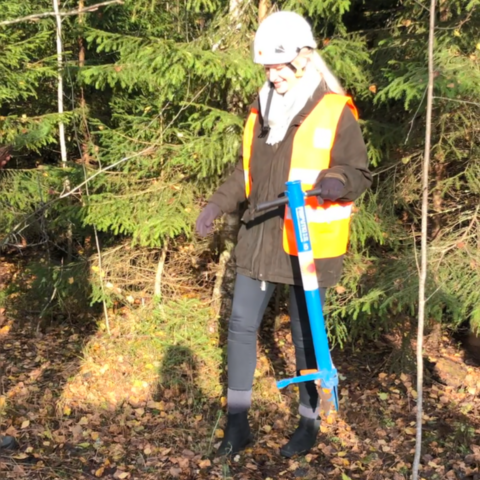 Natasha Chorlton in safety gear in a managed forest