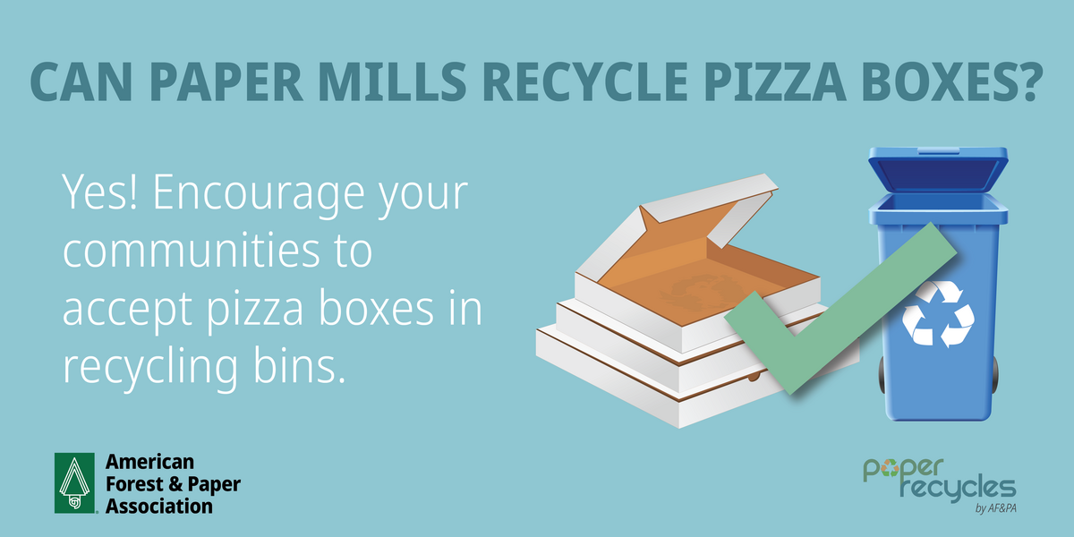 Paper mills recycle pizza boxes every day. Update your local community guidelines to accept pizza boxes.